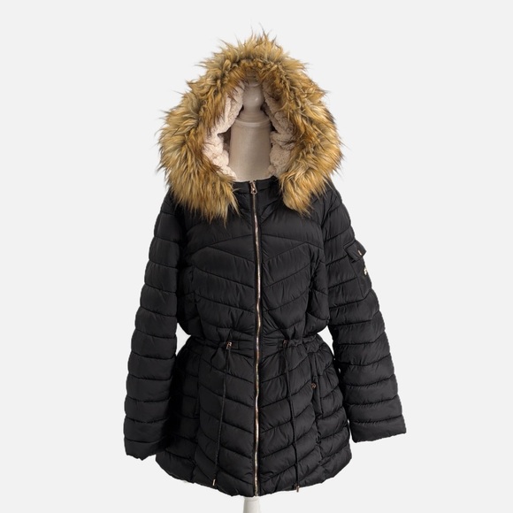 Jessica Simpson Black Sherpa Lined Puffer Coat with Faux Fur Trim Size 1X - Picture 2 of 11